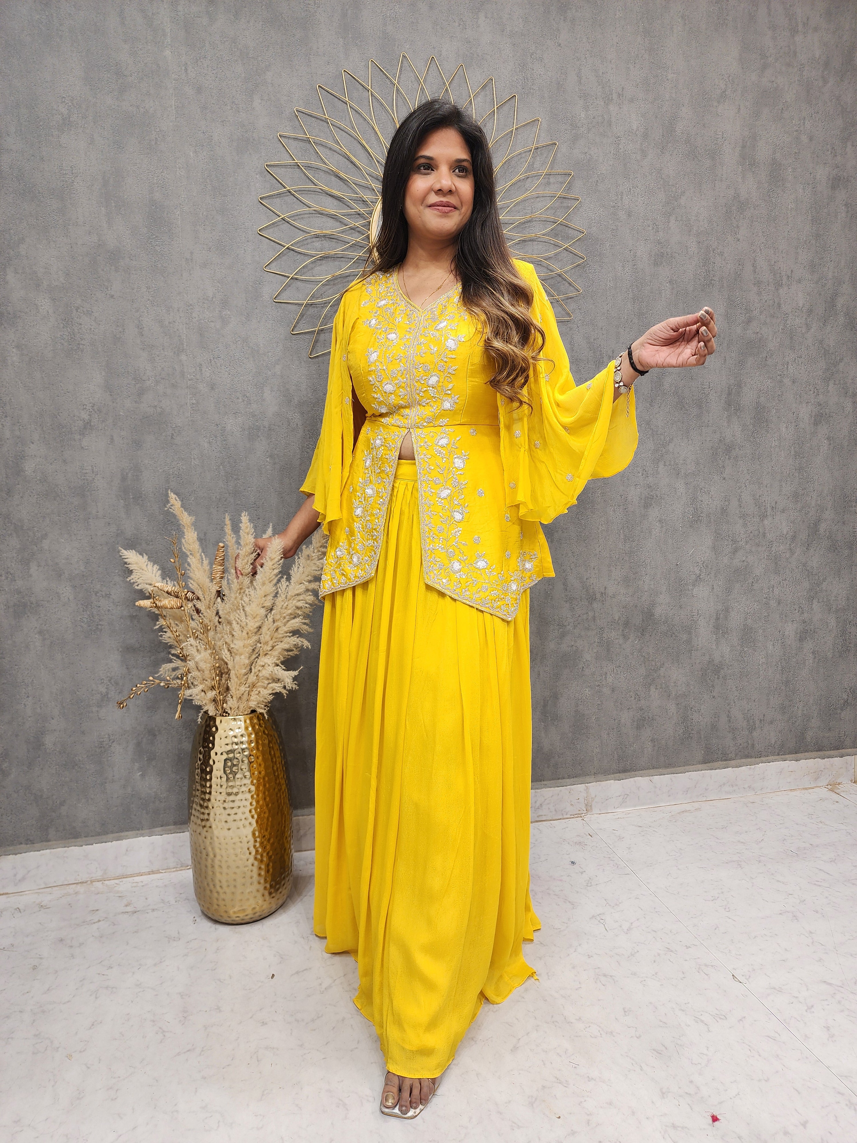 Yellow peplum suit set - set of three by Chokhi Bandhani | The Secret Label